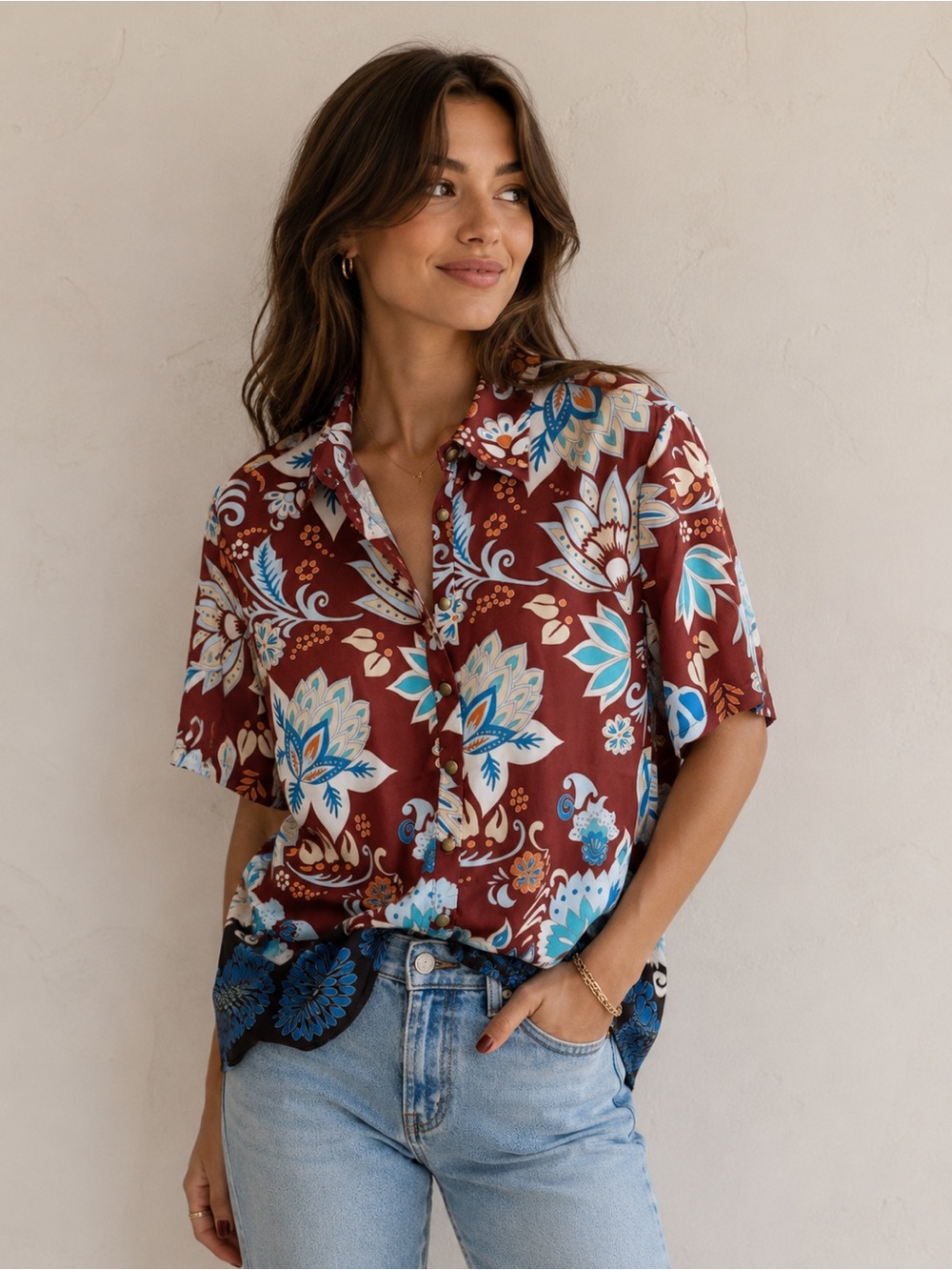 Rachel Roy Short Sleeve Button Up Blouse Silky Floral Paisley Multicolor‎ Medium